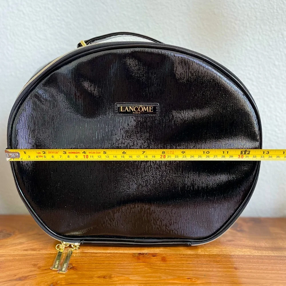 Lancome Large Round Black Patent Leather-Look Makeup Case Travel Bag NWOT